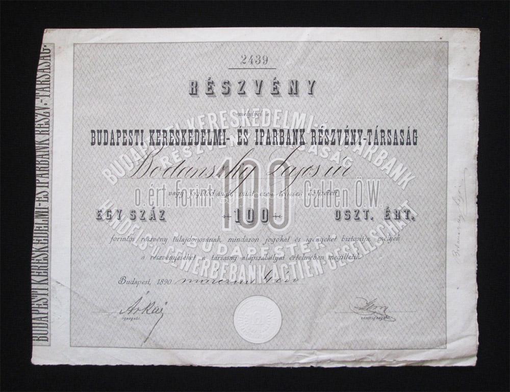 Budapesti Kereskedelmi- és Iparbank részvény 100 forint 1890